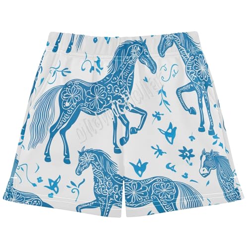 Girls Shorts Horses Floral Blue White Print Athletic Summer Pajama Shorts Kids Teen Fashion Activewear, X-Small