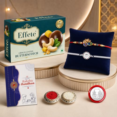 Image of DeoDap Rakhi with Chocolate for Brother - Feather Design & Silver Color Rakhi with Butter Scotch Chocolate (32gms), Silver Color Pooja Coin & Greeting Card & Tilak Set - Traditional Raksha Bandhan Combo