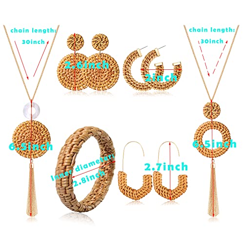 Boho Earrings Necklace Bracelet Handmade Lightweight Rattan Dangling Earrings Long Chain Tassel Rattan Disc Pendant Necklace Woven Rattan Bangle Bohemian Summer Beach Jewelry For Women Girls #TOP4
