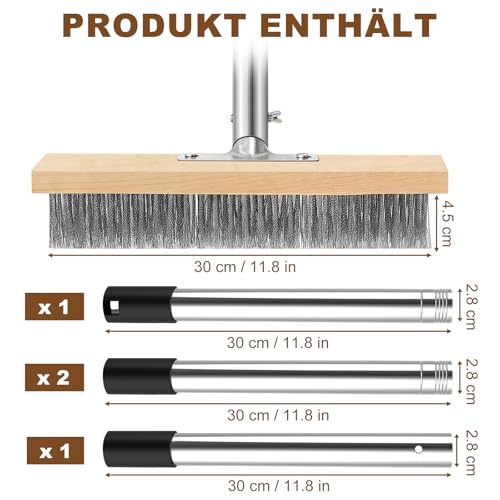 Drahtbesen zur Moosentfernung mit Stiel, Robust und Langlebig Stahldrahtbesen mit Teleskopstiel 120 cm, 30 cm Drahtbesen für Pflastersteine, Moosentfernung, Algen, Hof, Wand, Garten und Terrasse