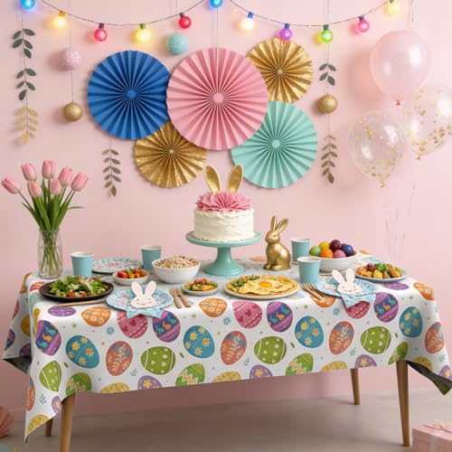 Image of Easter Tablecloth, 6 Pack Colorful Easter Eggs Table Cloth, 54x108 Inch Plastic Disposable Rectangle Spring Table Cover for Easters Tables Decorations Outdoor Picnic Home Kitchen Dinner Party Supplies