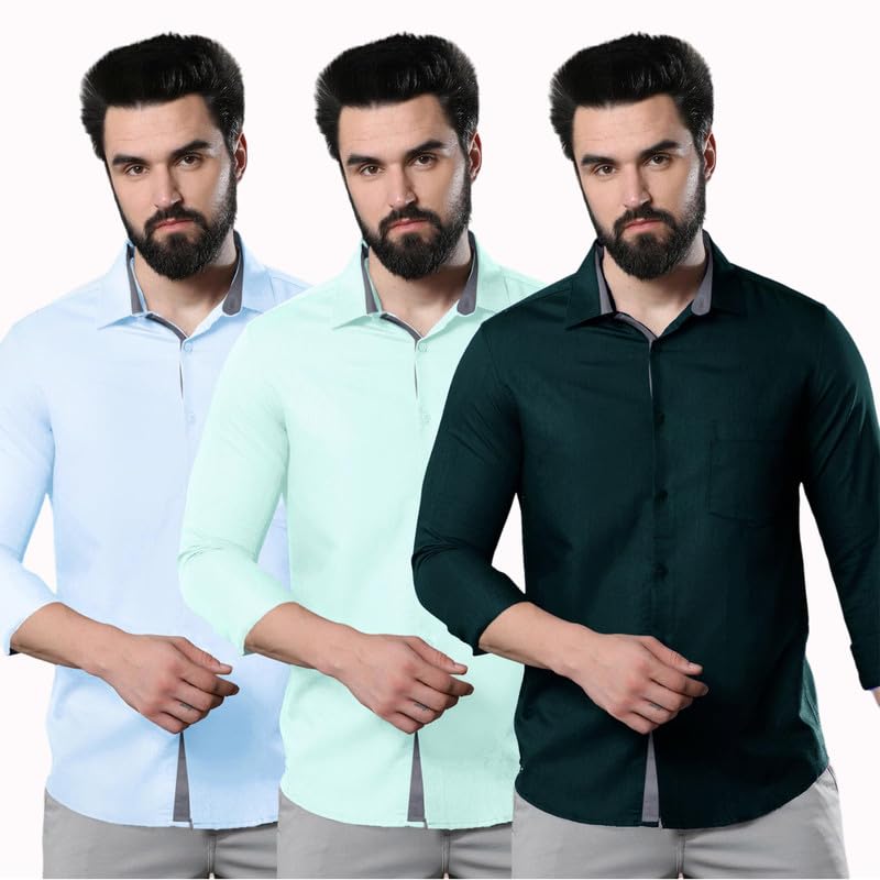 Image of Pinkmint Men's Solid Shirt | Soft Cotton Blend | Casual Shirt | Plain | Full Sleeve - Regular Fit (Combo Pack of 3 | Available in Plus Size)