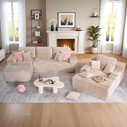 Image of HOOOWOOO Cloud Sectional Couches for Living Room,Modular Sectional Sofa No Assembly,Plush Corduroy Large Floor Couch Furniture Set with Deep Seat Left L Shape and Chaise Lounge(Beige)