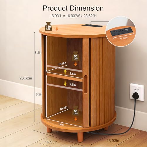 Image of DHH Round End Table with Storage & Charging Station, Fluted Accent Side Table with Sliding Door & Adjustable Shelf, Mid-Century Nightstand for Small Spaces, Living Room, Bedroom (1, Yellow Walnut)