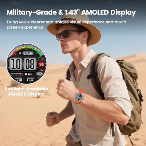 Image of Running Smart Watch for Men, 1.43 inch AMOLED,5ATM Waterproof,170+ Sport Modes | Round Health Fitness Tracker Watch, Tactical Military Smartwatch Compatible with iPhone Android