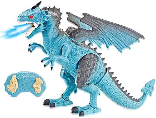 Liberty Imports Dino Planet Remote Control RC Walking Dinosaur Toy with Breathing Smoke, Shaking Head, Light Up Eyes and Sounds (Ice Dragon (with Smoke))