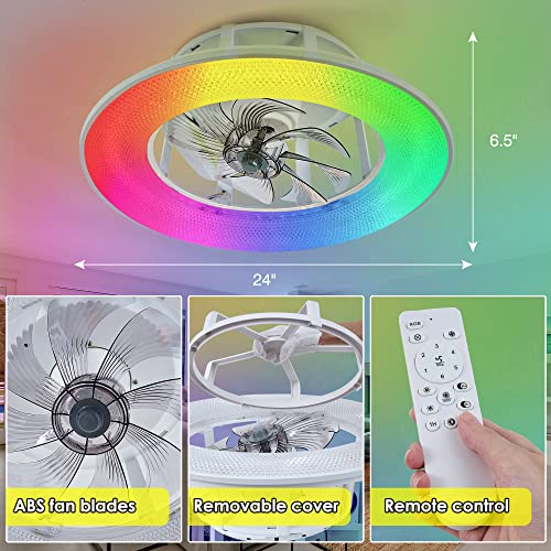 Kamlam 22" Bladeless Ceiling Fan With Rgb Color Changing Lights, Low Profile Quite 360° Oscillating Design Flush Mount Ceiling Fan, Remote And Smart App Control For Living Room, Kid Bedroom/Small Room #TOP3