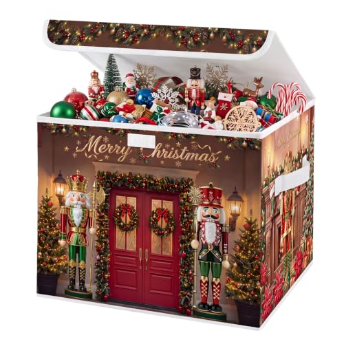 Image of Briwooody Christmas Nutcracker Storage Bin with Lid and Carrying Handle Red Christmas Storage Box Large Xmas Nutcracker Decorative Collapsible Container Basket for Organizing Closet Home Bedroom Gift
