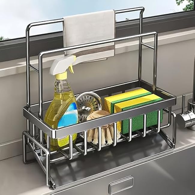 Sponge Holder for Kitchen Sink, Sink Caddy with Towel Rack, Sponge Holder and Soap Dispenser Stand, Kitchen Countertop Accessories (Gray)