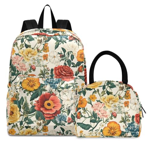Backpack Lunch Box Set Large Capacity Travel Backpacks and Insulated Lunch Bag for Commute Hiking Picnic Vintage Florals Print