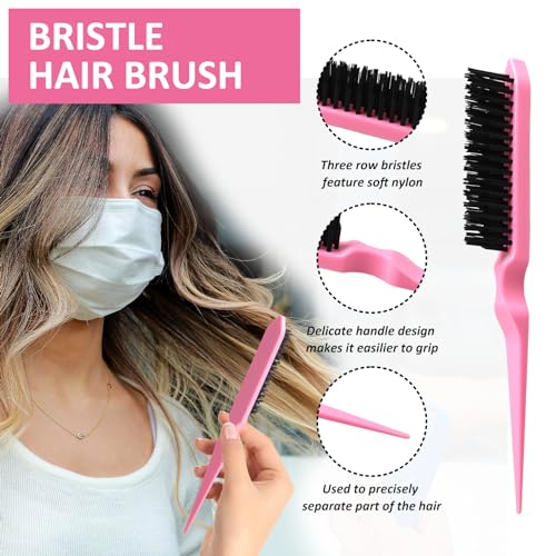 7 Pcs Pink Hair Brush Set Bristle Hair Brush and Double Sided Hair Brush Topsy Hair Tail Tools Edge Control Brush Metal Pin Rat Tail Combs for Hair Styling for Woman Girls - Image 5