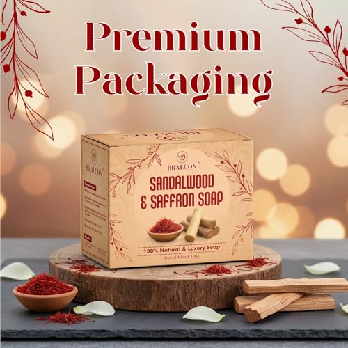 Image of BRALCON Sandalwood and Saffron Natural Luxury Soap, 100g Bars, Pack of 4, 100% Natural Ingredients