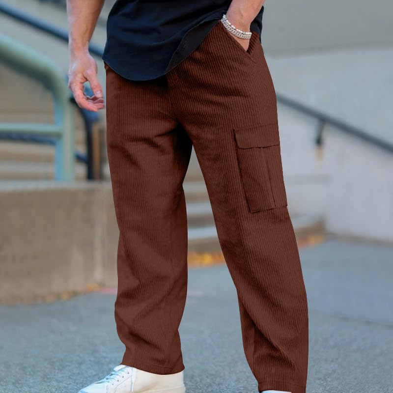 Men's Casual Cargo Drawstring Pants Elacstic Waist Solid Color Trousers with Pockets Straight Leg Trendy Outfits Fashion Loose Fit Relaxed Sweatpants Brown L2