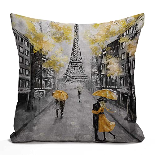 Tomda Housse de coussin carrée 45 x 45 cm Peinture à l'huile Paris Paysage urbain France Tour Eiffel Noir Blanc et Jaune Décoration de couple moderne...