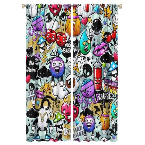 Yoakiet Colorful Graffiti Curtains, Modern Abstract Art Fun Creative Street Graffiti Style Prints Blackout Rod Pocket Window Treatments Drapes for Teenage Boys Bedroom Living Room Kitchen42x63in