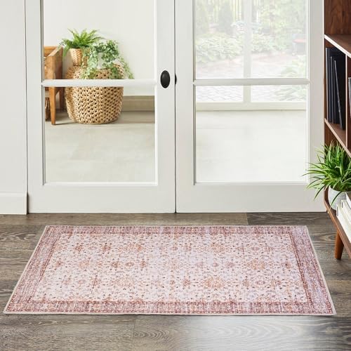Vintage 2x3 Washable Area Rug, Low-Profile Entryway Rug with Non-Slip Backing & Durable Edge Binding, Pet-Friendly Doormat, Small Rug for Entryway, Kitchen, Living Room