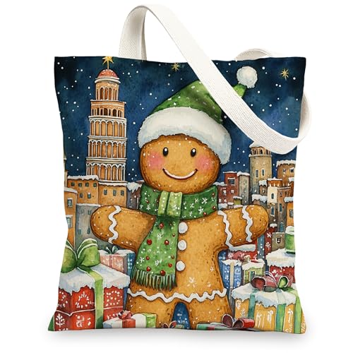 Bolsa de lona de Navidad con diseño de casa de jengibre para compras, 13 x 15 pulgadas, bolsa de comestibles reutilizable para mujeres, vacaciones, Año Nuevo, playa, pintura estética, regalo