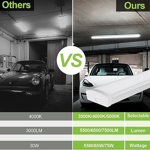 Image of 4FT LED Flush Mount Wraparound Light, with 3 Wattages /3 Lumens /3 CCT Selectable, 55W /65W /75W, 5500lm /6500lm /7500lm, 3000K /4000K /5000K, 4 Foot LED Wraparound Light Fixture for Garage, Office, ETL