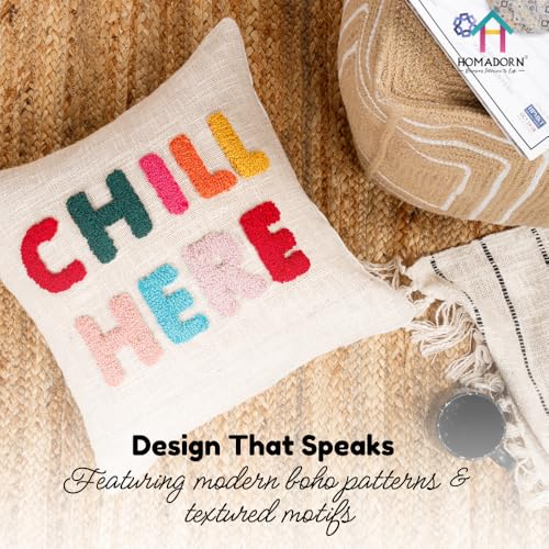 Image of HOMADORN 100% Cotton Hand Tufted Cushion Cover | Text Pattern Decorative Pillow Case | Boho Sofa Cushion Cover for Living Room | Soft & Durable | (16x16 Inches) (2, CHILL HERE Multicolor)