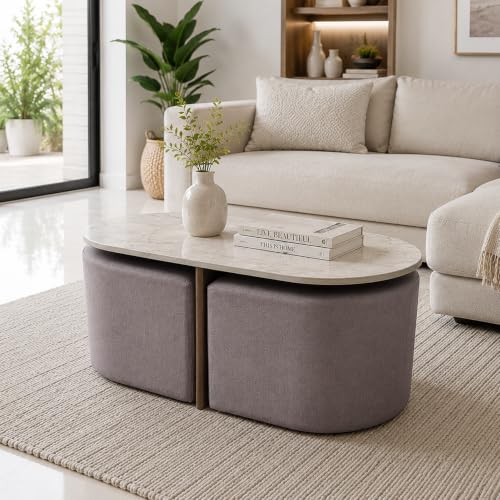 Image of The Attic Norwood Coffee Table, Coffee Table for Living Room, Coffee Table with 2 stools Solid Wood Centre Table with Ceramic Top, Tobacco Brown Finish