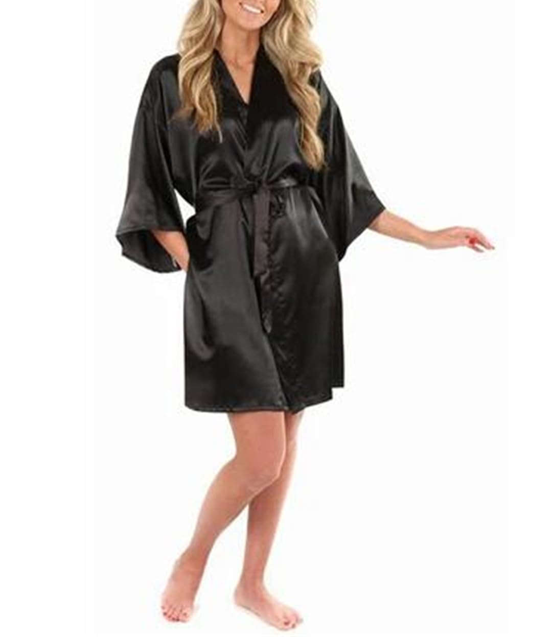 Yeuyyben Nero Cinese Delle Donne Faux Silk Robe Bath Gown Kimono Accappatoio Colore Solido Indumenti Da Notte