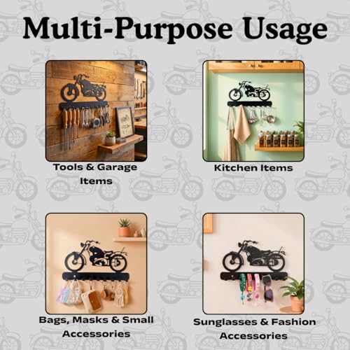 Image of Bike Metal Key Holder | Decorative Wall-Mounted Key Rack & Organizer for Entryway, Hallway, Kitchen | Sturdy Hanger for Keys & Accessories (25x15 cm, 9 Hooks)