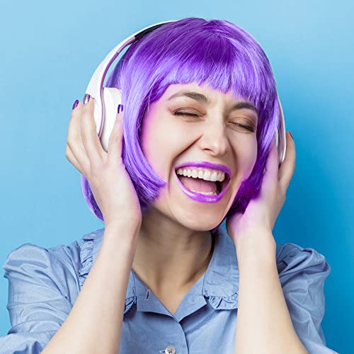 Image of PLULON Purple Bob Wig and Sunglass Set, Neon Short Bob Wig Sunglass Pack Costume Colorful Cosplay Hairpieces for Bachelorette Neon Party Favors, Halloween Decorations