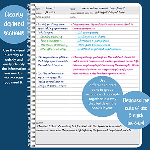 Image of BookFactory Universal Note Taking System (Cornell Notes) / NoteTaking Notebook - 120 Pages, 6'' x 9'' - Wire-O (Made in USA)