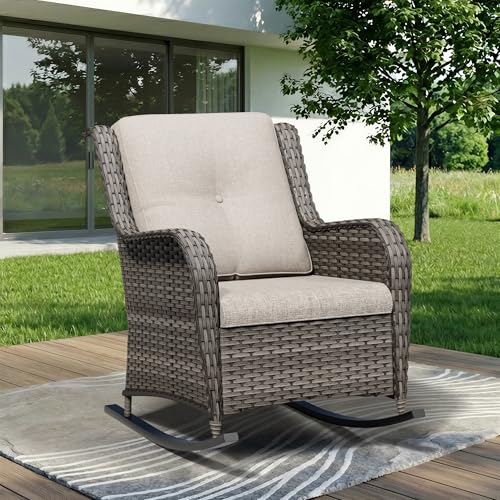Image of Outdoor Rocking Chair, Wicker Patio Chair with Thickened Olefin Cushions, High Back and Deep Seating, Hand-Woven PE Rattan for Porch, Deck, Balcony, Beige