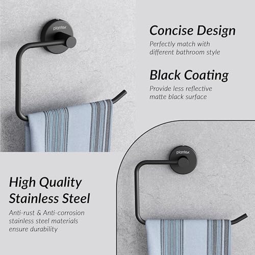 Image of Plantex Stainless Steel Towel Ring for Wash Basin /Towel Hanger for Wash Basin /Napkin Holder for Bathroom /Towel Hanger /Bathroom Accessories (Black - Half Square)