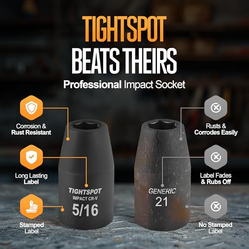 Image of TIGHTSPOT 1 /2 Inch Drive 5 /16 Inch Shallow Impact Socket with Anti-Rounding 6 Point Design, Heat-Treated CRV Steel