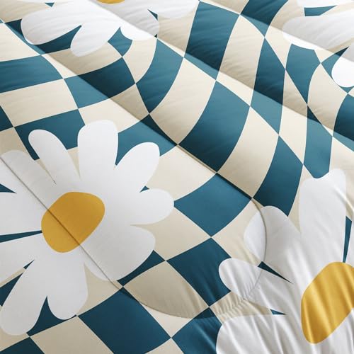 Image of Kids Comforter Set Checkerboard Daisy Printed Pattern Bedding Set with 1 Comforter and 2 Pillowcases for Girls Boys Bedroom All Season(Checkerboard Daisy Twin)