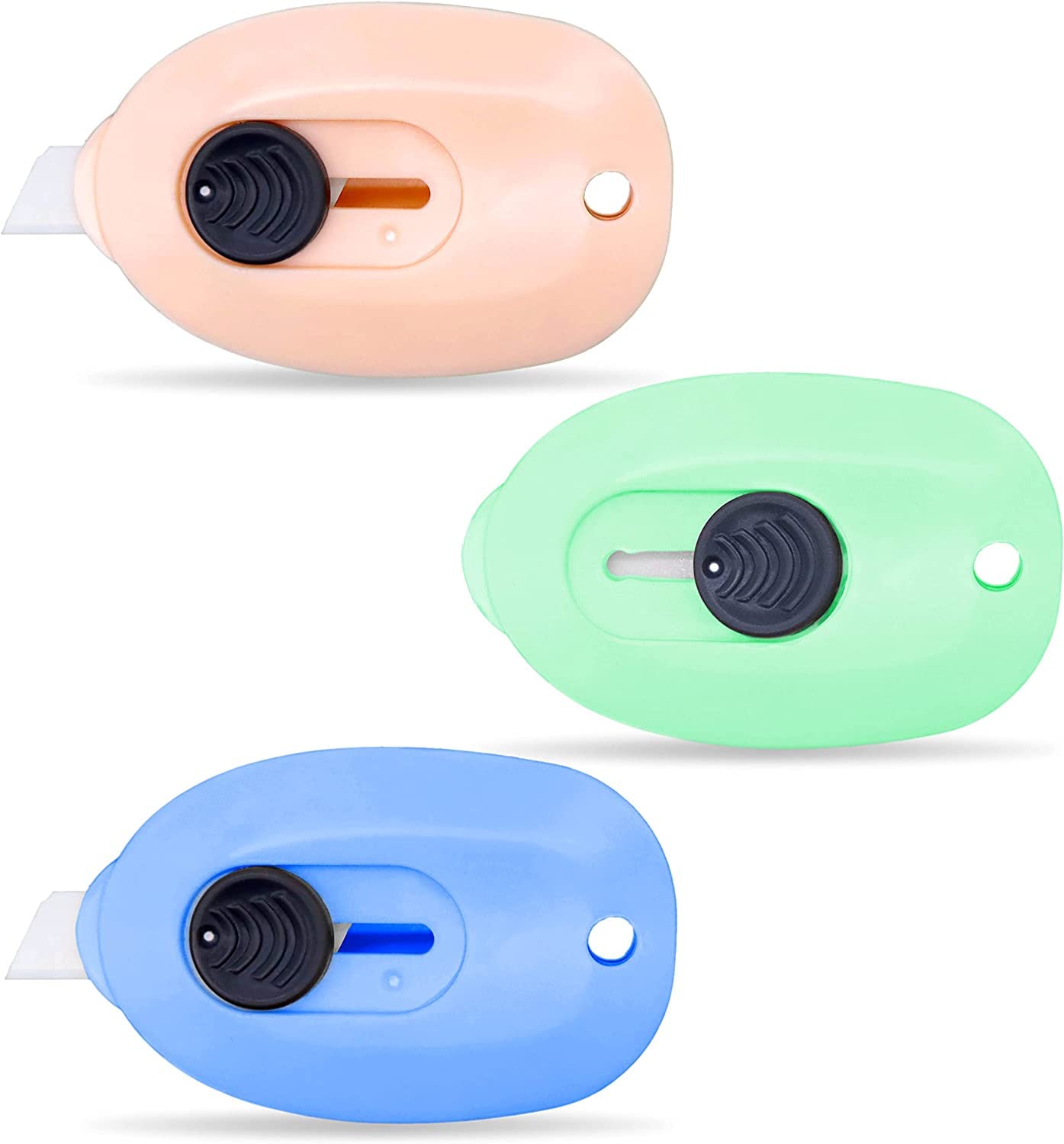 MAKINGTEC Mini Box Cutter, Mini Ceramic Box Cutter, 3pcs Portable Utility Knife Box Cutter Safety Package Box Opener Retractable Utility Ceramic Blades with Keychain Hole (Pink Green Blue)