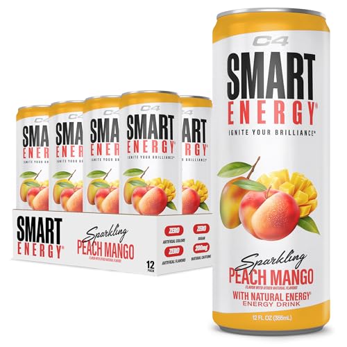 Cellucor C4 Smart Energy Drink ‚ Boost Focus and Energy with Zero Sugar, Natural Energy, and Nootropics - 200mg Caffeine - Peach Mango (12oz Pack of 12)