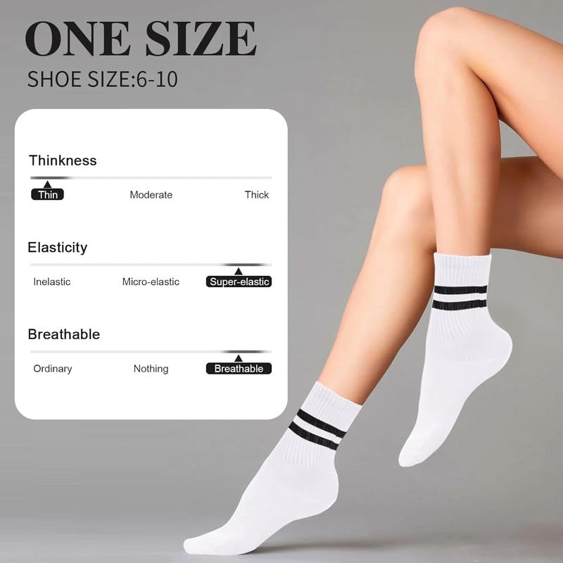 Yanwenx 3 Pairs Cotton Two Stripes Solid Color Casual Running Socks for Women Girls_White 3