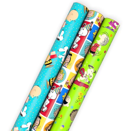 Hallmark Peanuts Wrapping Paper Rolls for Birthdays Easter Christmas (Set of 3 Rolls: 60 Sq. Ft. Total) Snoopy Charlie Brown Woodstock Green Blue Red