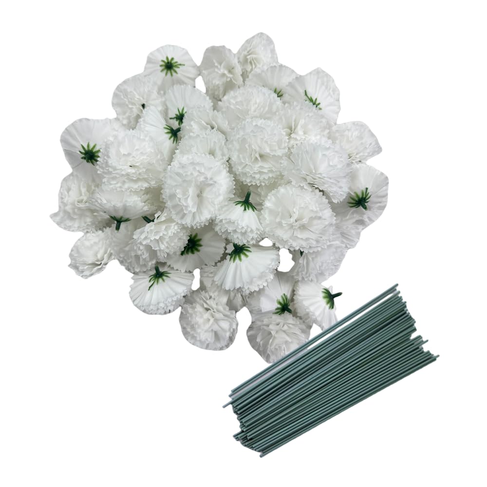 Rikyo White 50 Artificial Silk Carnation Flower Heads, 2" Petals With 8" Stems, Marigold, Natural Realistic, Wedding, Diwali, Home Decor