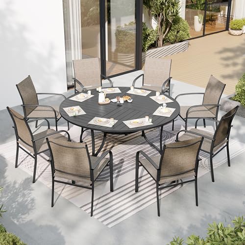 Image of SUNSHINE VALLEY 9pc Patio Dining Set, 67 inch Round Table & 8 Brown Chairs