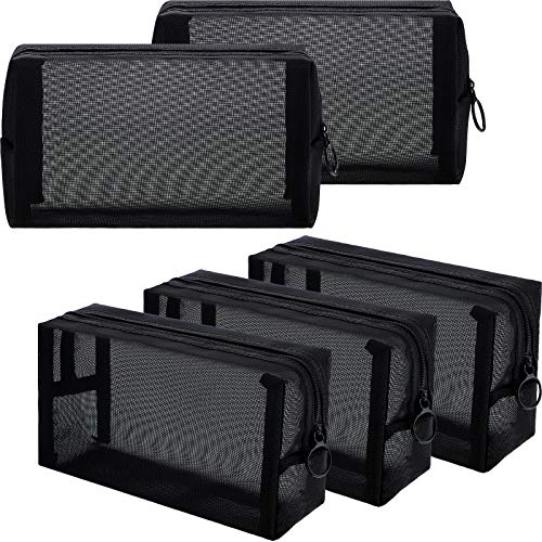 Sadnyy 5 Pieces Mesh Makeup Bag Portable Travel Cosmetic Bag Black Breathable Mesh Zipper Pouch for Home Offices Travel Accessories Organizer (7.1 x 4 x 2.4 Inch)