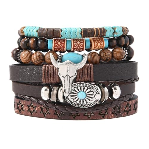 LOTSOF Western Turquoise Beaded Bracelet Chic Stack Beaded Western Style for Country Concerts Cowgirl Outfits & Boho Jewelry (Cow Head Charm Stretch Bracelet)