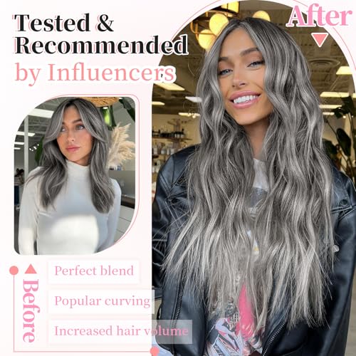 Image of KooKaStyle Clip in Synthetic Hair Extensions Long Wavy 4PCS Thick Hairpieces Grey Sliver Mixed Fiber Double Weft Natural Hair Extensions 20 Inch for Women