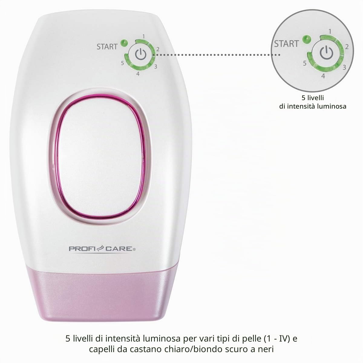 ProfiCare PC-IPL 3024 - Sistema di depilazione IPL, 5 livelli di intensità luminosa per diversi tipi di pelle, filtro UV integrato, spegnimento automatico, occhiali di protezione inclusi, 330240