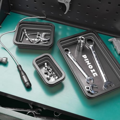 Image of PINOZE Collapsible Magnetic Parts Organizer Trays & 12 inch Flexible Magnetic Pickup Tool, 3 Different Size Magnet Tool Trays & Pick-Up Sweeper for Screw, Bolts, Nuts, Washers, Pins and Metal Parts, Black