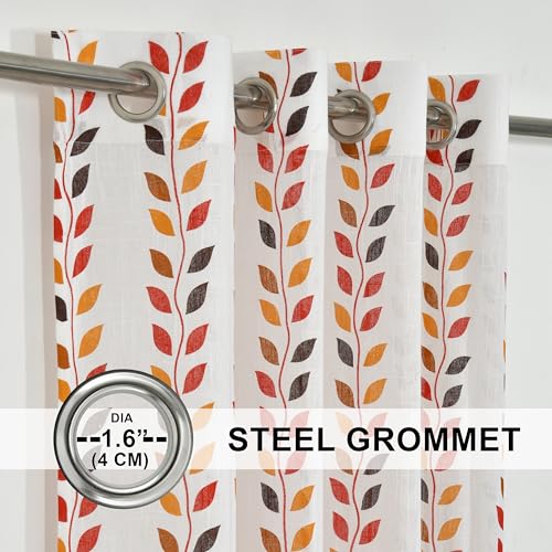 Image of THE LINEN COMPANY Cotton Sheer Curtains with Steel Eyelet for Living Room /Dining Hall /Hotel /Farm House Set of 2 Pcs (4.5ft x 8 ft, Leaf Print)