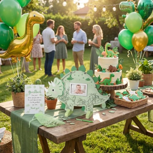 Image of Kosiz Dinosaur Baby Shower Guest Book, Green Triceratops Acrylic Guest Book Alternative with Wooden Dinosaur and Eggs for 60 Guests, Baby Shower Sign and Nursery Keepsake