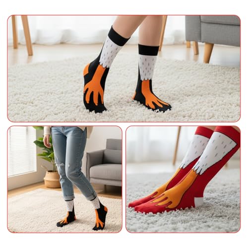 Yuwnd 2 Paar Chicken Leg Socks, Hühner Hässliche Socken, Feet Hühnerbein Socken, Sockens Hühnerbeine Lustige Kostüme Geschenke Witzige für Damen Herren Faschingskostüm (Rot & Schwarz)