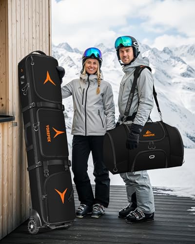 YOREPEK Roller Ski Bag and Boot Bag Combo, Extendable 160–175cm Double Ski Bag for Air Travel, Holds 2 Pairs of Skis, Large Detachable Ski Boot Bag, Padded Multi-Pocket Snowboard Bag with Wheels