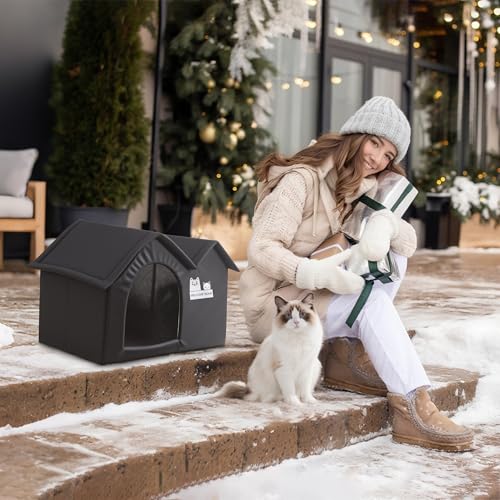 ALLSOPETS Faltbares Katzenhaus für Draußen, Wasserdichtes Hundehaus, Warmes Isoliertes Haustierhaus mit Doppel-Dach Design für Kleine und Mittlere Haustiere (Kohlschwarz)