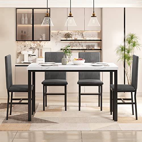 Tantohom Dining Table Set For 4, Compact Kitchen Table And Chairs For 4, 5 Pieces Faux Marble Dining Room Table Set With 4 Velvet Upholstery Chairs For Small Space, Living Room, Breakfast Nook, Gray #TOP2