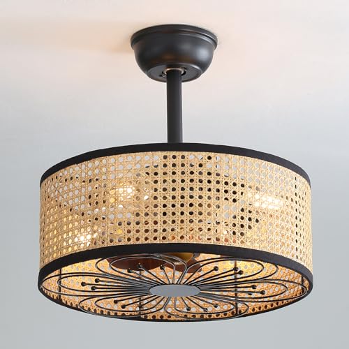 Ventilatore Da Soffitto In Rattan UHDUIG Con Luci - Design Boho, Telecomando, 5 Pale, Motore In Rame, E27